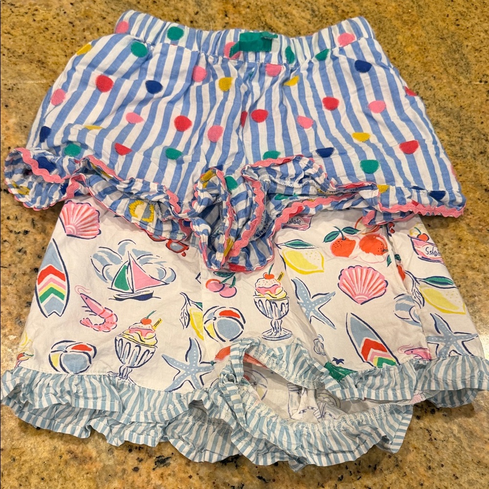 Mini Boden Blue Stripe & Multicolor Dot Ruffle Shorts Set